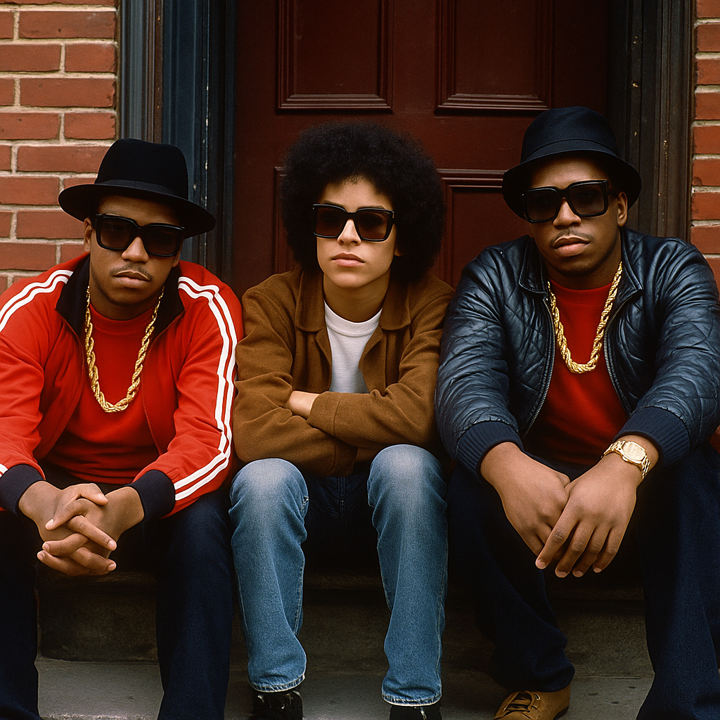 Three 1980s-inspired hip hop artists sit on a New York brownstone doorstep wearing bold square acetate sunglasses, gold chains, and streetwear — capturing classic hip hop style.