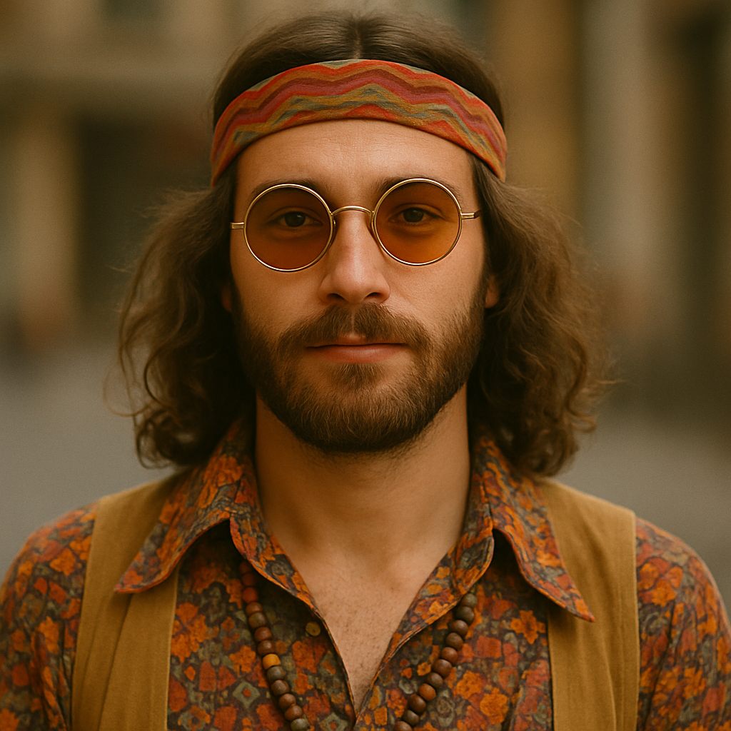 Hippy man from the 60s wearing round sunglasses