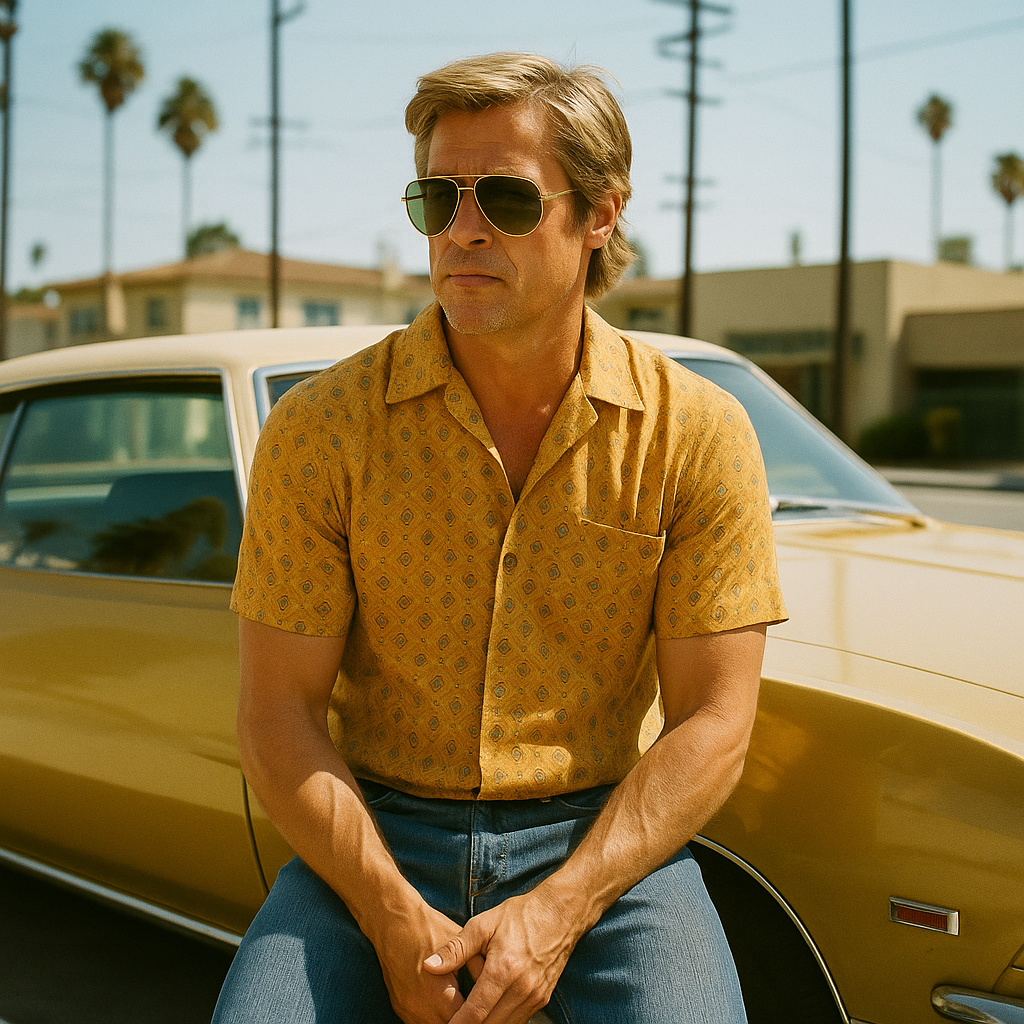 Gold vintage aviator sunglasses inspired by Cliff Booth and Brad Pitt’s 70s film style