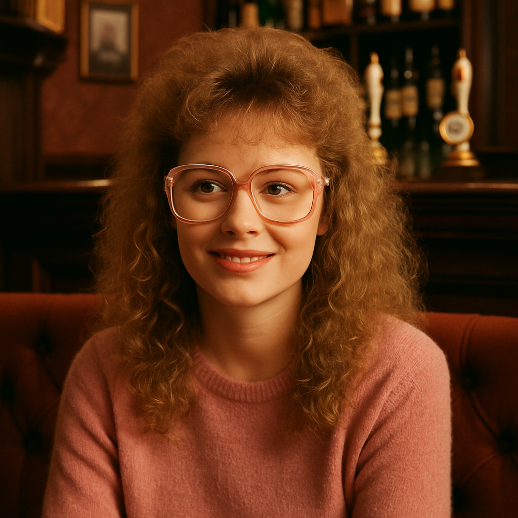 80s woman with a perm wearing oversized glasses