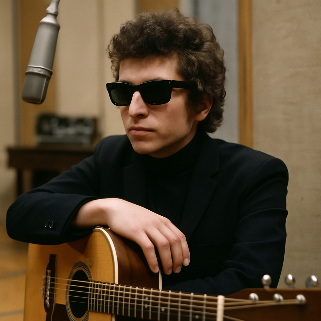 A 1960s-inspired folk musician wearing black square sunglasses and a dark suit leans on an acoustic guitar in a vintage recording studio, evoking classic folk-rock style.