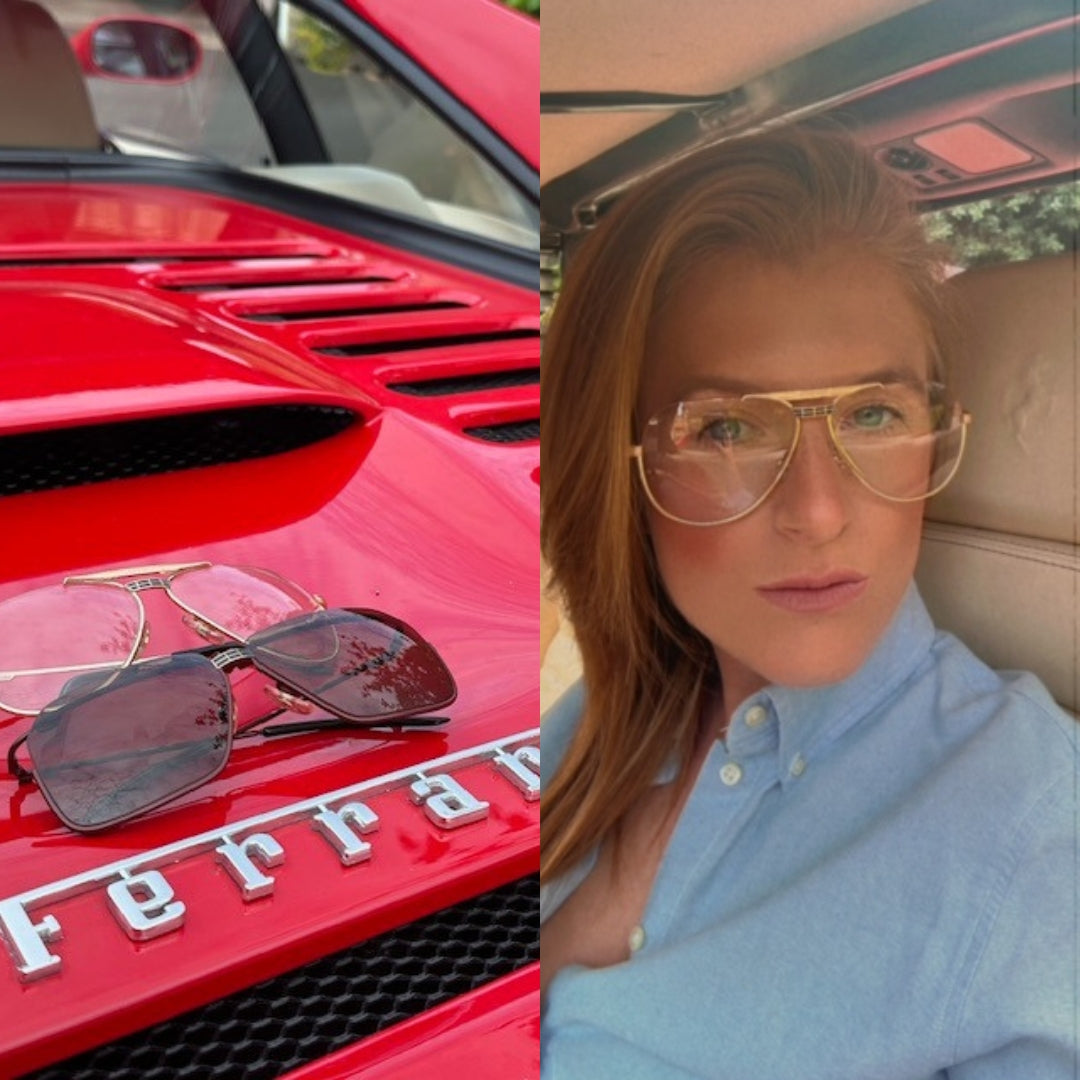 Vintage Ferrari F15/S sunglasses photographed with Ferrari F355 GTS sports car