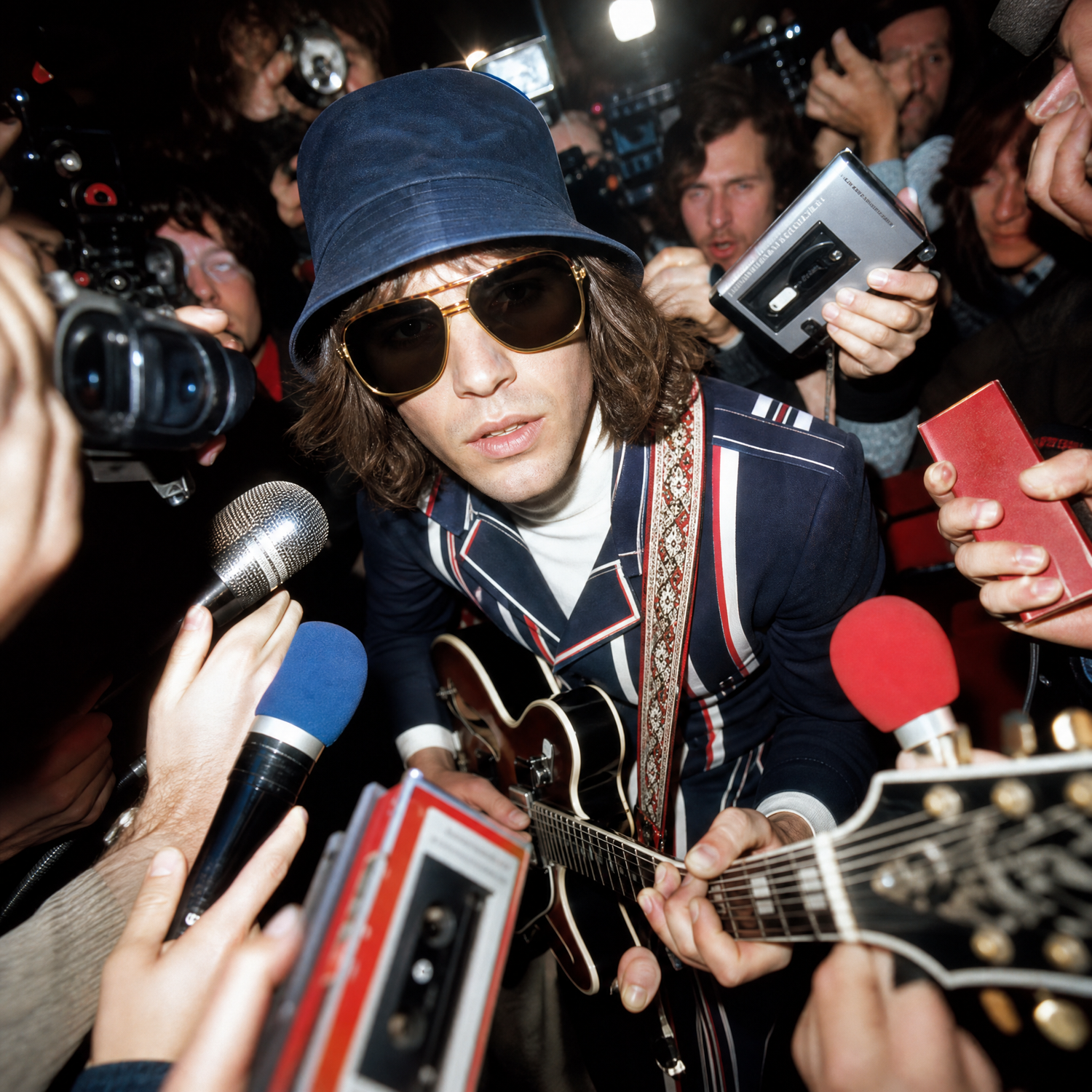 Man wearing a bucket hat and sunglasses playing the guitar for the press in mod clothing