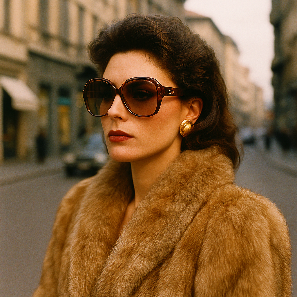 80s woman in vintage oversized sunglasses and a fur coat
