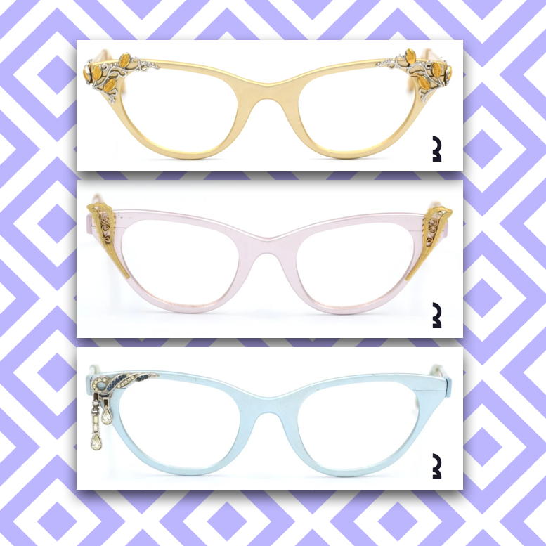 A collection of Tura vintage eyewear from the 1950s and 1960s, including ornate cat-eye and gem-studded frames, representing mid-century glamour.