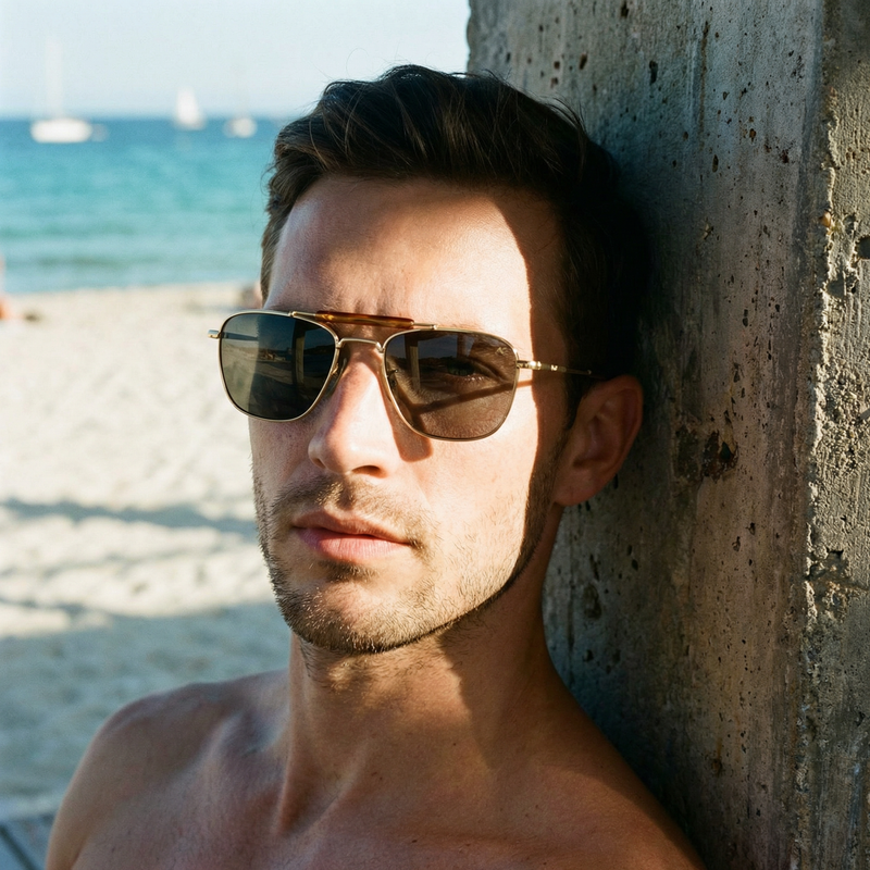 Vintage American Optical Skymaster Pilot Sport sunglasses in gold with grey mineral lenses, featuring a double bridge detail. Men's gold aviator vintage sunglasses.