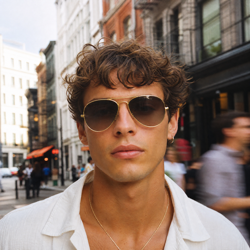 Aerodrome men's gold aviator sunglasses.