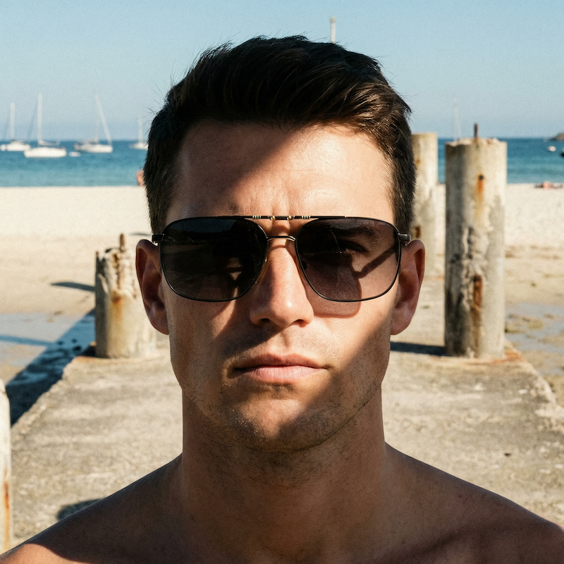 Alfa Romeo 124 Vintage Sunglasses. Men's black aviator sunglasses.