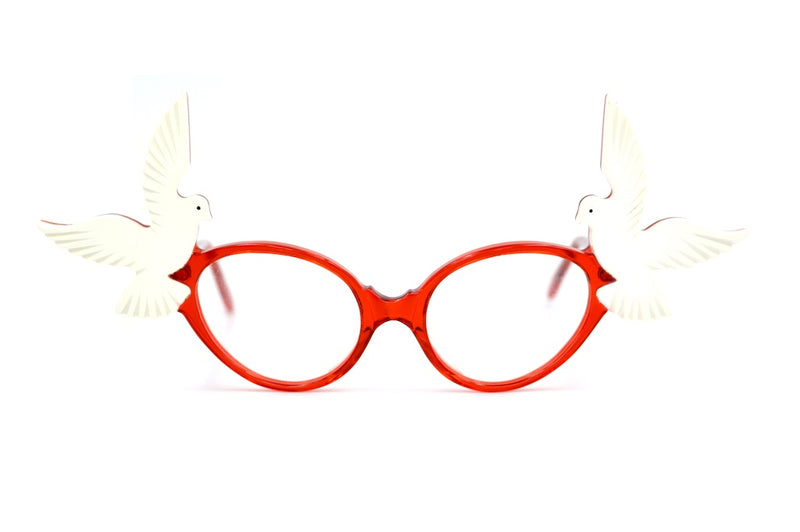 Anglo American Eyewear Birds rare vintage glasses. Red cat-eye glasses with white birds.