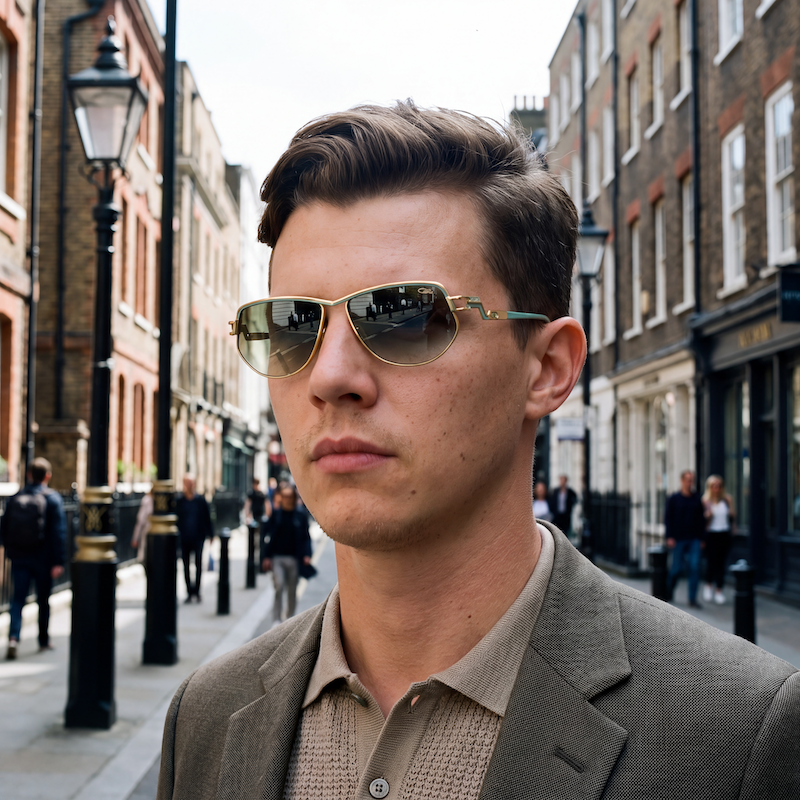 Cazal 231 97 1980s vintage sunglasses in gold and green, with green graduated lenses.