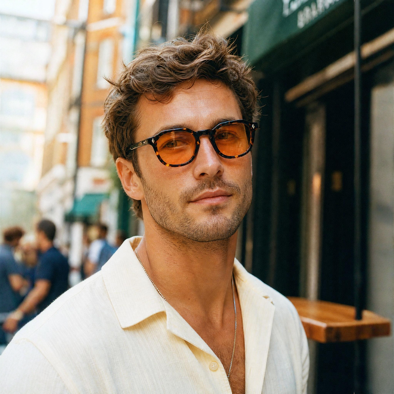 Eddie Horniman style sunglasses with orange lenses