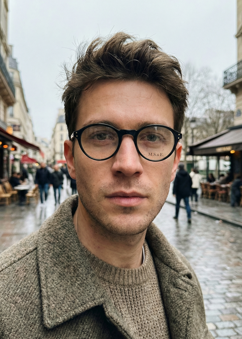 M.S. & F. 40s style round black glasses with rivet detail. Men's black round vintage glasses.