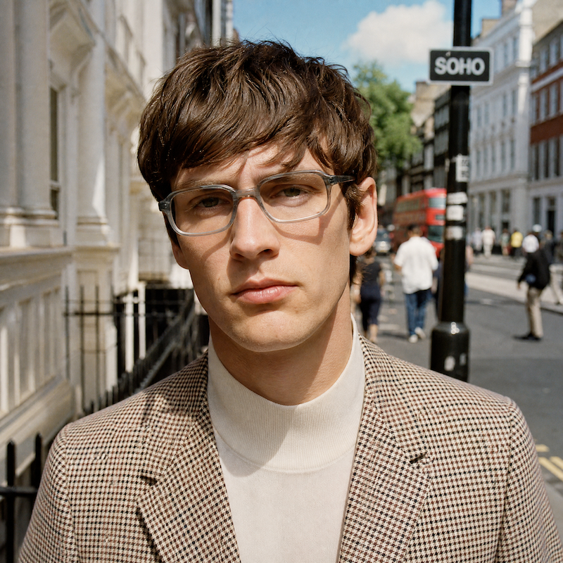 Moonlight by Pennine Optical men's grey rectangular glasses.