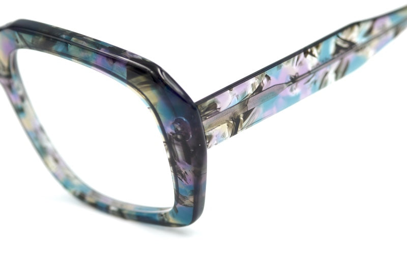 Preciosa 940 blue lilac marble Goliath oversized square glasses close up view