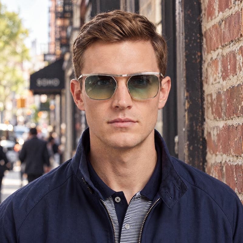 Retro Spectacle Mod 1 sunglasses with green gradient lenses.