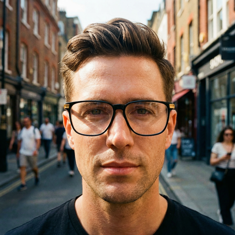 A pair of Ted Lapidus vintage glasses with black acetate frames and gold detailing on the high front temporal edge.