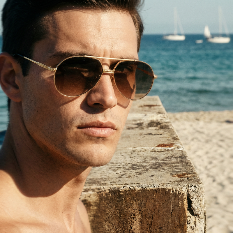 Tiffany Lunettes T114 Cliff Booth Inspired Gold Aviator Sunglasses, 23KT Gold Plated. 