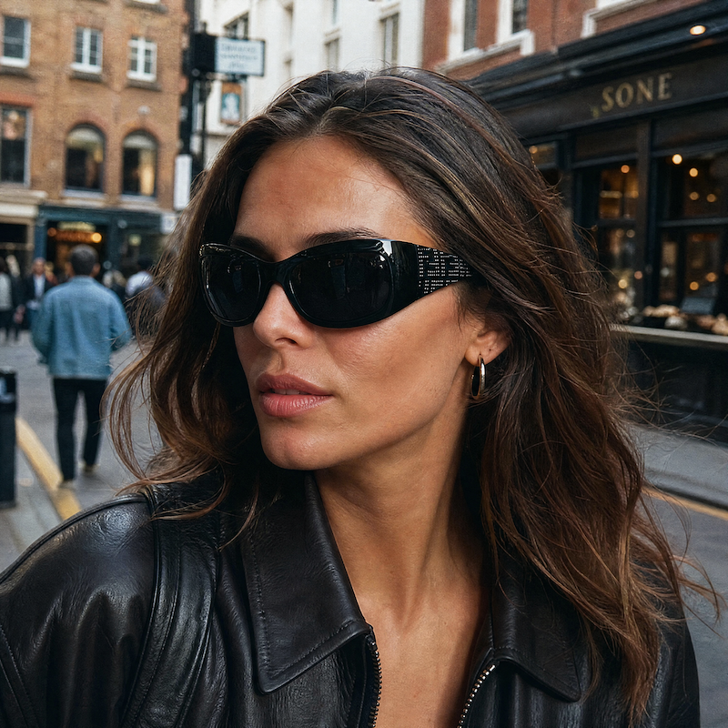 Women's Fendi vintage wrap around sunglasses in black with silver stud detail.
