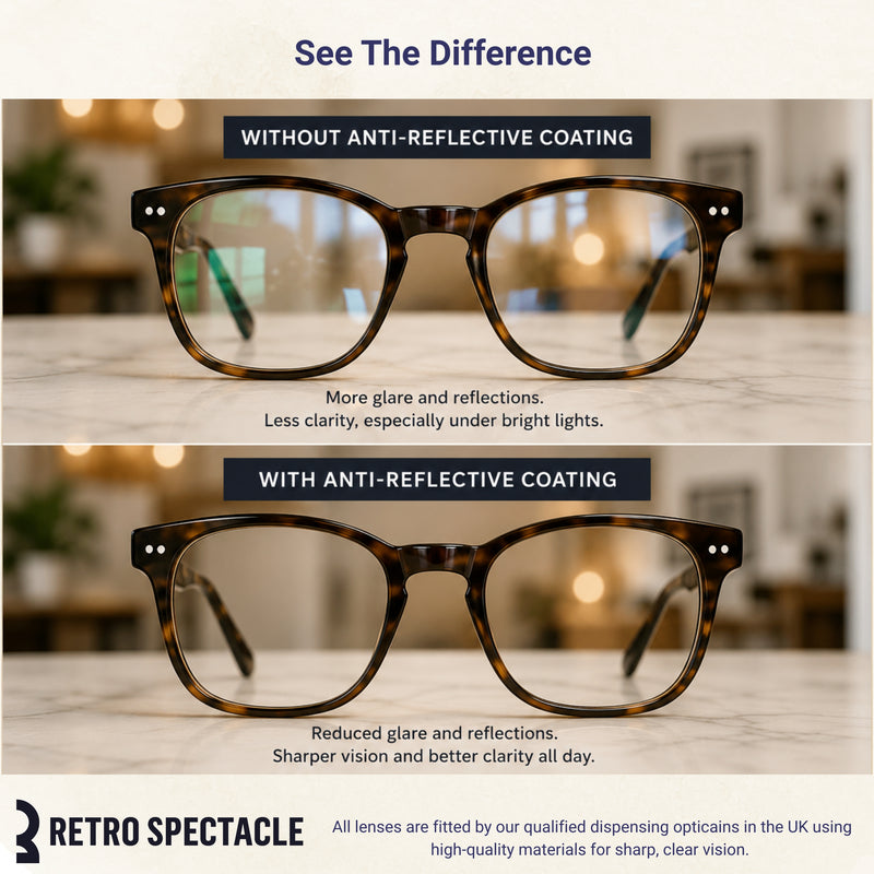 Comparison of glasses lenses with and without anti-reflective coating showing reduced glare and clearer vision