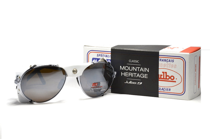 Julbo Cham Glacier Classic Chrome white Alpine Glasses, Mountaineering Glasses, Leather Side Shields